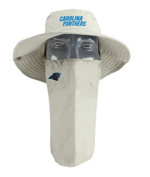A Carolina Panthers tan sun hat with a matching face scarf, displayed on a mannequin head against a blue background. Blue 'Carolina Panthers' text logo on the hat and Panthers team logo on the right cheek of the neck gaiter.