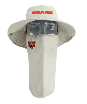 A tan wide-brim bucket hat with a matching neck gaiter face cover, displayed on a mannequin head. The hat features the word 'BEARS' in orange, and the neck cover has an orange and black Chicago Bears logo on the right cheek of the neck gaiter.