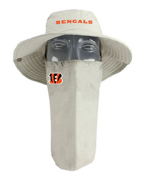 A Cincinnati Bengals tan sun hat with a matching face scarf, displayed on a mannequin head against a orange background. Orange 'Bengals' text logo on the hat and Bengals team logo on the right cheek of the neck gaiter.