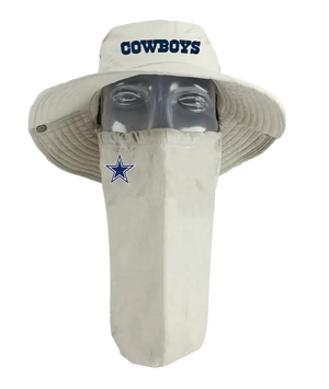 A Dallas Cowboys themed face shield and bucket hat set displayed on a mannequin head against a white background. The face shield is tan with a blue embroidered Dallas Cowboys star logo on the right cheek, and the matching bucket hat features 'COWBOYS' in blue on the front.