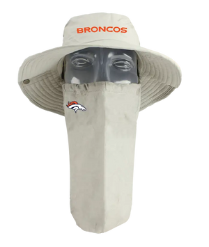 A tan wide-brim sun hat with a matching neck gaiter mask, featuring the orange 'BRONCOS' text on the hat and the Denver Broncos logo on the right cheek of the neck gaiter, displayed on a mannequin head against a white background.