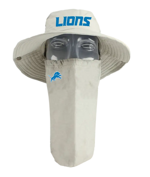 A Detroit Lions tan sun hat with a matching face scarf, displayed on a mannequin head against a blue background. Blue 'Lions' text logo on the hat and Lions team logo on the right cheek of the neck gaiter.