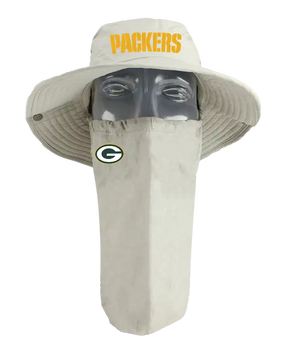 A tan wide-brim bucket hat with a matching face covering, displayed on a mannequin head. The hat features the word 'PACKERS' in yellow on the front of the hat, and the Green Bay Packers logo is visible on the right cheek of the face covering.