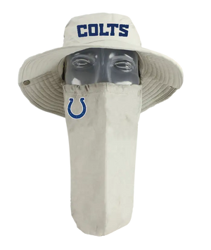 A Indianapolis Colts tan sun hat with a matching face scarf, displayed on a mannequin head against a blue background. Blue 'Colts' text logo on the hat and Colts team logo on the right cheek of the neck gaiter.