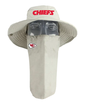 A Kansas City Chiefs tan sun hat with a matching face scarf, displayed on a mannequin head against a red background. Red 'Chiefs' text logo on the hat and Chiefs team logo on the right cheek of the neck gaiter.