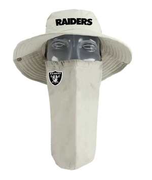 A Las Vegas Raiders tan sun hat with a matching face scarf, displayed on a mannequin head against a black background. Black 'Raiders' text logo on the hat and Raiders team logo on the right cheek of the neck gaiter.