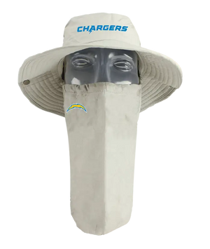 A Los Angeles Chargers tan sun hat with a matching face scarf, displayed on a mannequin head against a blue background. Blue 'Chargers' text logo on the hat and Chargers team logo on the right cheek of the neck gaiter.