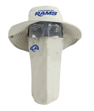 A Los Angeles Rams tan sun hat with a matching face scarf, displayed on a mannequin head against a blue background. Blue 'Los Angeles Rams' text logo on the hat and Rams team logo on the right cheek of the neck gaiter.