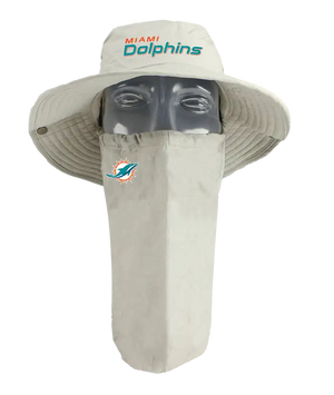 A Miami Dolphins tan sun hat with a matching face scarf, displayed on a mannequin head against a orange and aqua background. Orange and aqua 'Dolphins' text logo on the hat and Dolphins team logo on the right cheek of the neck gaiter.