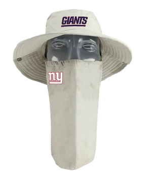 A New York Giants tan sun hat with a matching face scarf, displayed on a mannequin head against a white background. Blue 'Giants' text logo on the hat and Giants team logo on the right cheek of the neck gaiter.