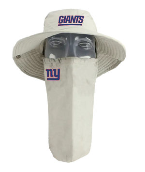 A New York Giants sun hat with an attached neck gaiter, in light tan with blue ‘Giants’ on the hat and Giants team logo on the right cheek of the neck gaiter.