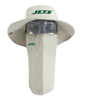A New York Jets tan sun hat with a matching face scarf, displayed on a mannequin head against a white background. Green 'Jets' text logo on the hat and Jets team logo on the right cheek of the neck gaiter.