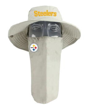 A Pittsburgh Steelers tan sun hat with a matching face scarf, displayed on a mannequin head against a white background. Yellow 'Steelers' text logo on the hat and Steelers team logo on the right cheek of the neck gaiter.