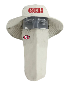 A San Francisco 49ers tan sun hat with a matching face scarf, displayed on a mannequin head against a white background. Red '49ers' text logo on the hat and 49ers team logo on the right cheek of the neck gaiter.