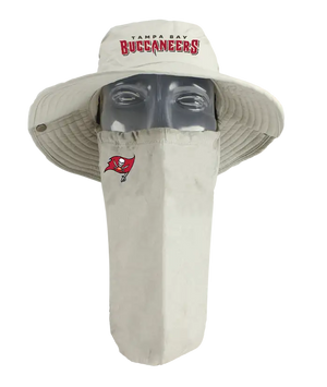 A Tampa Bay Buccaneers tan sun hat with a matching face scarf, displayed on a mannequin head against a white background. Red 'Buccaneers' text logo on the hat and Buccaneers team logo on the right cheek of the neck gaiter.