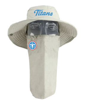 A Tennessee Titans tan sun hat with a matching face scarf, displayed on a mannequin head against a white background. Blue 'Titans' text logo on the hat and Titans team logo on the right cheek of the neck gaiter.
