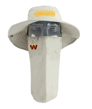 A Washington Commanders tan sun hat with a matching face scarf, displayed on a mannequin head against a white background. Yellow 'Washington Commanders' text logo on the hat and Commanders team logo on the right cheek of the neck gaiter.