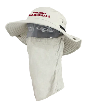 A tan wide-brim sun hat with a matching neck gaiter and face cover, featuring 'ARIZONA CARDINALS' printed in red on the front. The hat is displayed on a mannequin head showing the left side of the product against a plain white background.