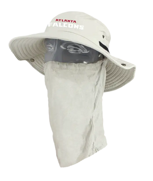 A light tan wide-brim sun hat with a matching neck gaiter and face shield, featuring 'ATLANTA FALCONS' printed on the front showing the left side of the product. The hat is displayed on a clear mannequin head against a plain white background.