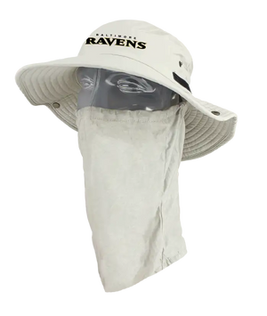 A beige Baltimore Ravens bucket hat with a built-in neck tube, displayed on a gray mannequin head against a white background.