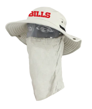 A light tan wide-brimmed bucket hat with a matching neck gaiter, displayed on a mannequin head. The front of the hat features the words 'Bills' in red. Showing the left side of the product.