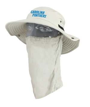 A light tan wide-brimmed bucket hat with a matching neck gaiter, displayed on a mannequin head. The front of the hat features the words 'Carolina Panthers' in blue. Showing the left side of the product.