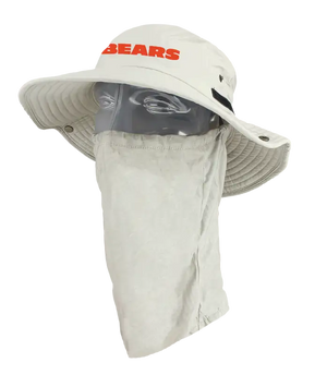 A tan wide-brim bucket hat with a built-in neck shied and face cover, displayed on a mannequin head. The hat features the word 'BEARS' printed in orange across the front of the hat showing the left side of the product.