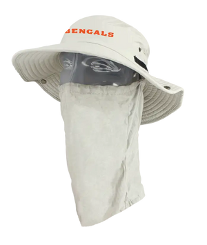 A light tan wide-brimmed bucket hat with a matching neck gaiter, displayed on a mannequin head. The front of the hat features the words 'Bengals' in orange. Showing the left side of the product.