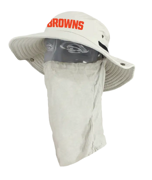 A light tan wide-brimmed bucket hat with a matching neck gaiter, displayed on a mannequin head. The front of the hat features the words 'Browns' in orange. Showing the left side of the product.