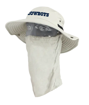 A tan wide-brim sun hat with a matching neck gaiter and face cover, featuring 'COWBOYS' in navy blue on the front. The hat is displayed on a gray mannequin head against a plain white background showing the left side of the product.