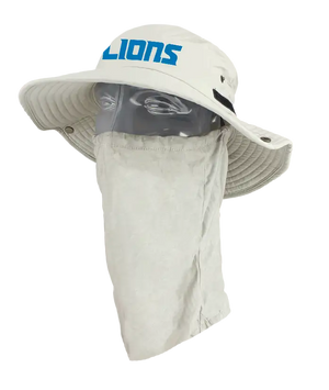 A light tan wide-brimmed bucket hat with a matching neck gaiter, displayed on a mannequin head. The front of the hat features the words 'Lions' in blue. Showing the left side of the product.