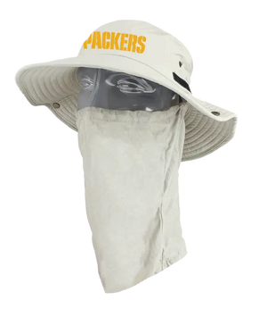 A light tan wide-brim bucket hat with a matching neck gaiter and face cover, featuring the word 'PACKERS' in yellow on the front of the hat. The hat is displayed on a mannequin head against a plain white background. Showing the left side of the product.