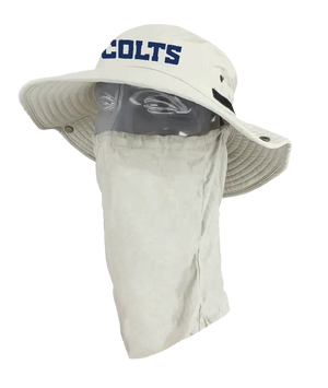 A light tan wide-brimmed bucket hat with a matching neck gaiter, displayed on a mannequin head. The front of the hat features the words 'Colts' in blue. Showing the left side of the product.