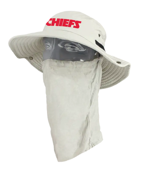 A light tan wide-brimmed bucket hat with a matching neck gaiter, displayed on a mannequin head. The front of the hat features the words 'Chiefs' in red. Showing the left side of the product.