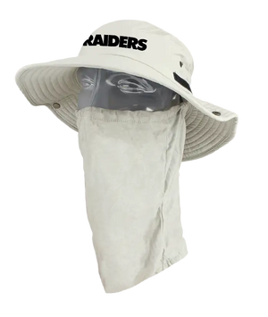 A light tan wide-brimmed bucket hat with a matching neck gaiter, displayed on a mannequin head. The front of the hat features the word 'Raiders' in black. Showing the left side of the product.