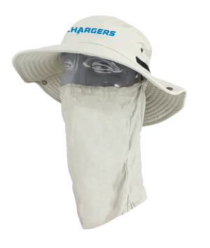 A light tan wide-brimmed bucket hat with a matching neck gaiter, displayed on a mannequin head. The front of the hat features the words 'Chargers' in blue. Showing the left side of the product.