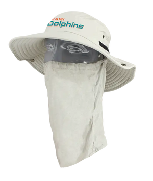 A light tan wide-brimmed bucket hat with a matching neck gaiter, displayed on a mannequin head. The front of the hat features the word 'Dolphins' in orange and aqua. Showing the left side of the product.