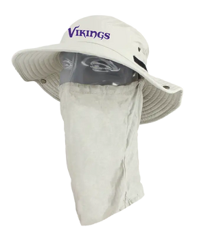 A light tan wide-brimmed bucket hat with a matching neck gaiter, displayed on a mannequin head. The front of the hat features the word 'Vikings' in purple. Showing the left side of the product.