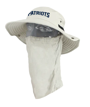 A light tan wide-brimmed bucket hat with a matching neck gaiter, displayed on a mannequin head. The front of the hat features the word 'Patriots' in navy. Showing the left side of the product.