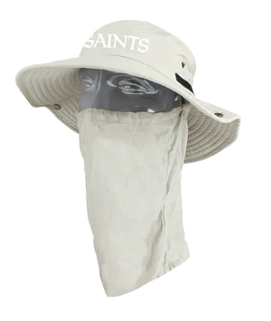 A light tan wide-brimmed bucket hat with a matching neck gaiter, displayed on a mannequin head. The front of the hat features the word 'Saints' in white. Showing the left side of the product.