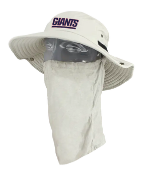 A light tan wide-brimmed bucket hat with a matching neck gaiter, displayed on a mannequin head. The front of the hat features the word 'Giants' in blue. Showing the left side of the product.