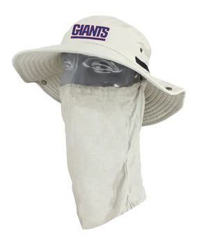 A New York Giants sun hat with an attached neck gaiter, in light tan with blue ‘Giants’ on the hat and Giants team logo on the right cheek of the neck gaiter.