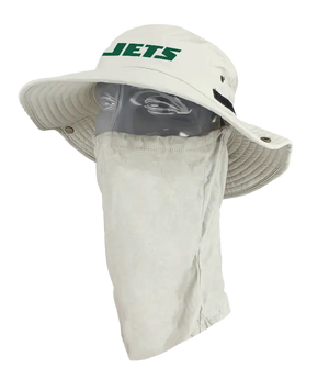 A light tan wide-brimmed bucket hat with a matching neck gaiter, displayed on a mannequin head. The front of the hat features the word 'Jets' in green. Showing the left side of the product.