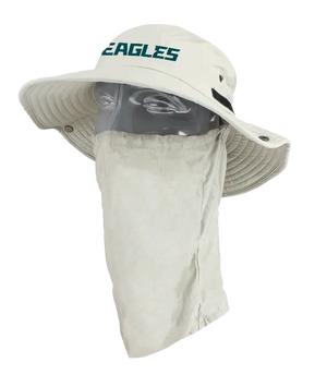 A light tan wide-brim sun hat with a matching neck gaiter and face cover, featuring the word 'EAGLES' in green on the front, displayed on a mannequin head against a white background. Showing the left side of the product.