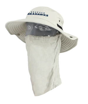A light tan wide-brimmed bucket hat with a matching neck gaiter, displayed on a mannequin head. The front of the hat features the word 'Seahawks' in navy. Showing the left side of the product.