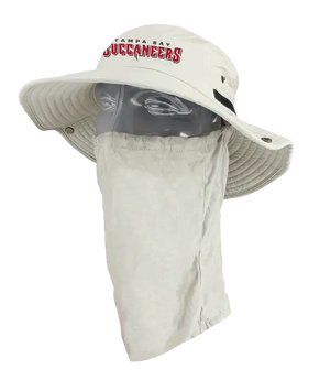 A light tan wide-brimmed bucket hat with a matching neck gaiter, displayed on a mannequin head. The front of the hat features the word 'Buccaneers' printed in red. Showing the left side of the product.
