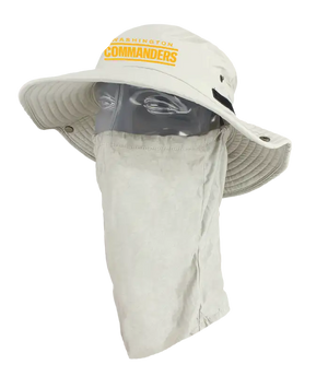 A light tan wide-brimmed bucket hat with a matching neck gaiter, displayed on a mannequin head. The front of the hat features the word 'Commanders' printed in yellow. Showing the left side of the product.