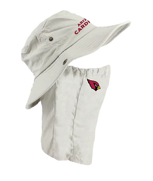 A light tan wide-brim style sun hat with a attached neck gaiter, featuring red embroidered 'Arizona Cardinals' text on the front of the hat and a red, yellow, and black cardinals bird logo on the right cheek of the neck gaiter.