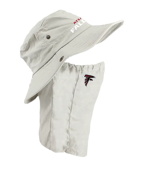 A light tan wide-brim sun hat with a matching neck gaiter. The hat is featuring the Atlanta Falcons logo in text on the front of the hat, and the Falcons bird logo is on the right cheek of the neck gaiter.