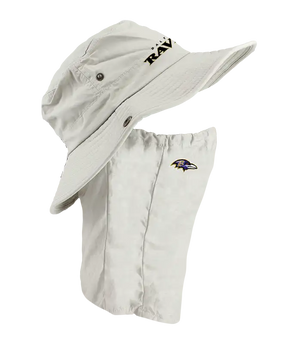 A beige Baltimore Ravens bucket hat with a built-in neck tube, displayed on a gray mannequin head against a white background.